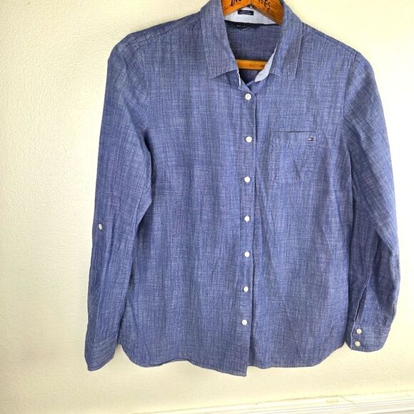 Tommy Hilfiger Women's Classic Fir Blue Button-Up Roll Tab Denim Shirt Sz Large - Picture 3 of 8